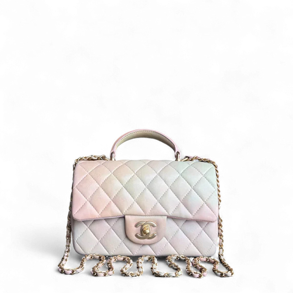 CHANEL CLASSIC FLAP MINI TOP HANDLE -QUILTED LAMBSKIN OMBRE RAINBOW GOLD HARDWARE MICROCHIP SYCM569