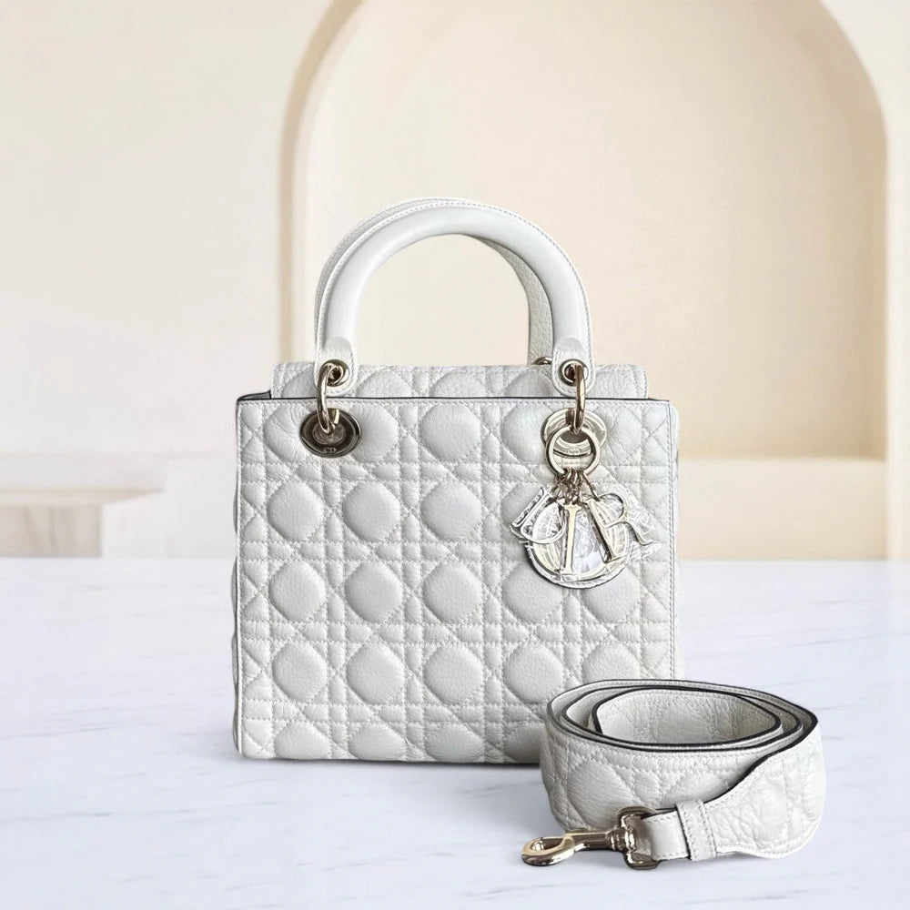 DIOR LADY MEDIUM FLAP - CALFSKIN CANNAGE WHITE GOLD HARDWARE SYCM481