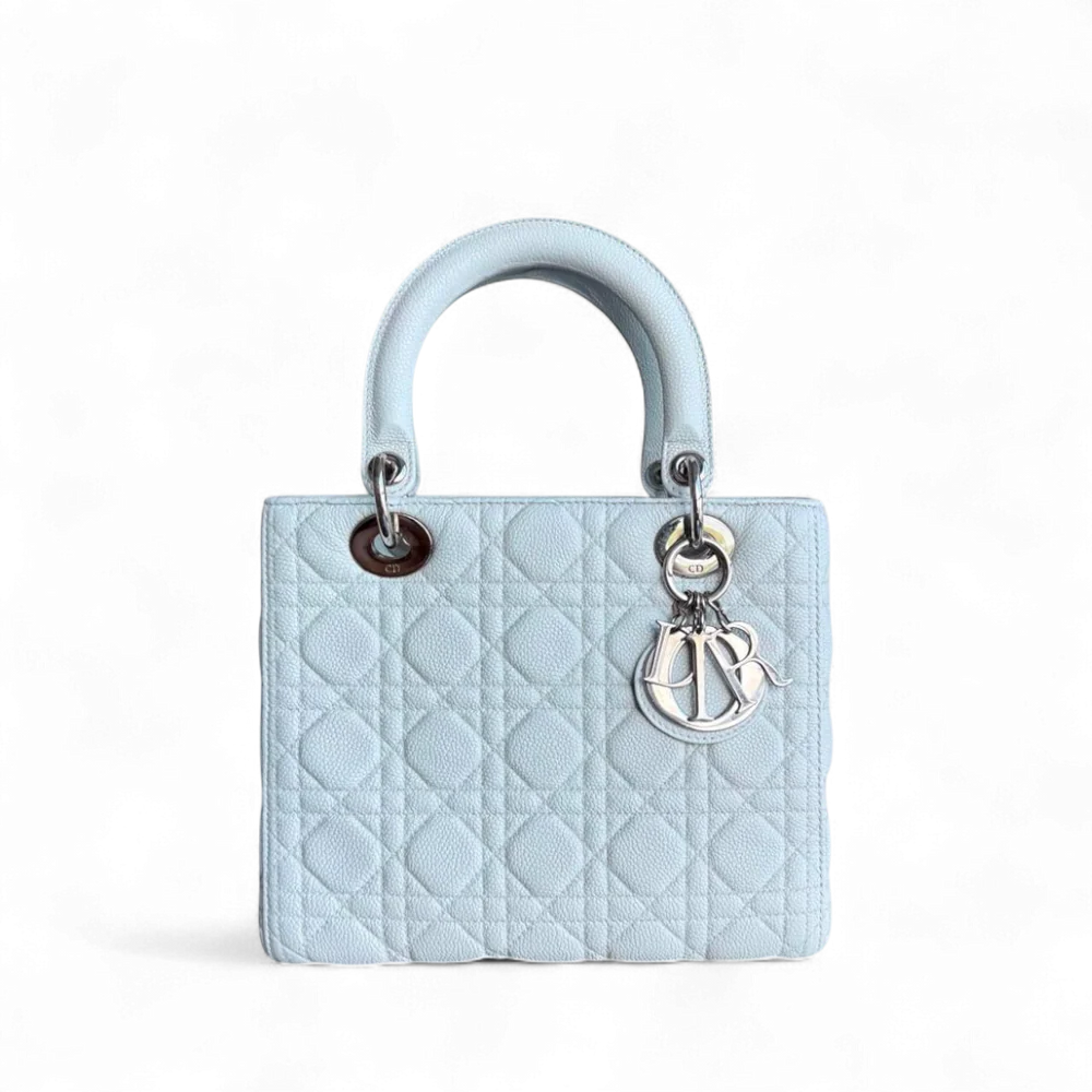 DIOR LADY MEDIUM CAVIAR - GRAINED CALFSKIN CANNAGE GLACIER WHITE ICE BLUE SILVER HARDWARE NO STRAP SYCM506
