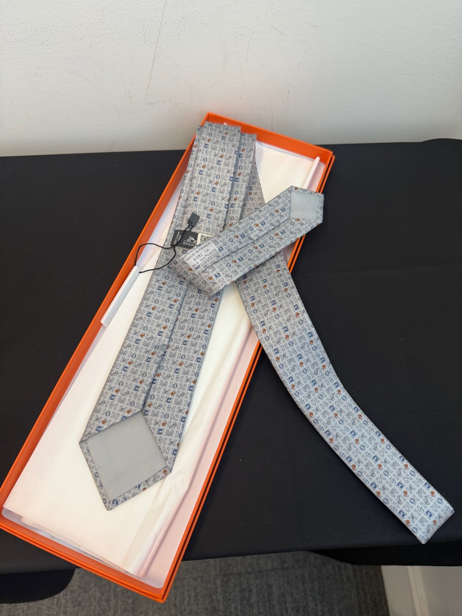 Hermès Twill Tie 7 - Gris Marine Orange image 6
