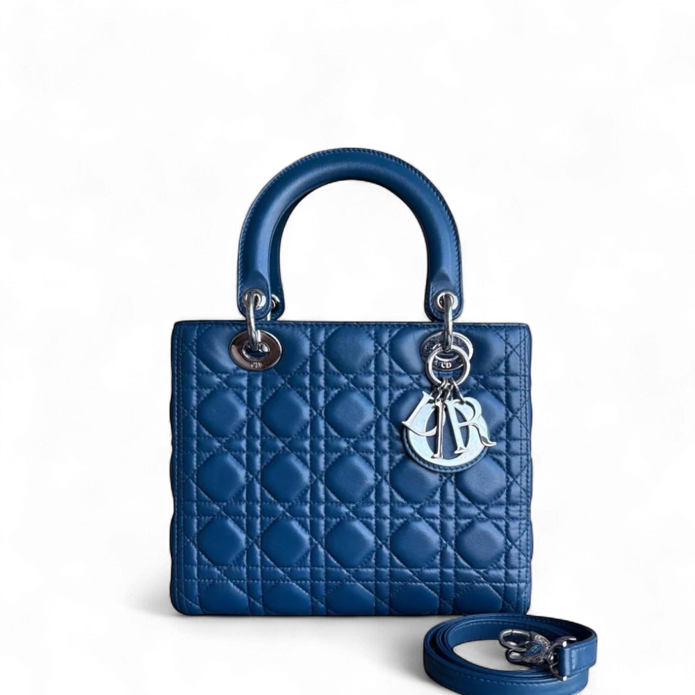 DIOR LADY MEDIUM - CANNAGE LAMBSKIN BLUE SILVER HARDWARE SYCM513