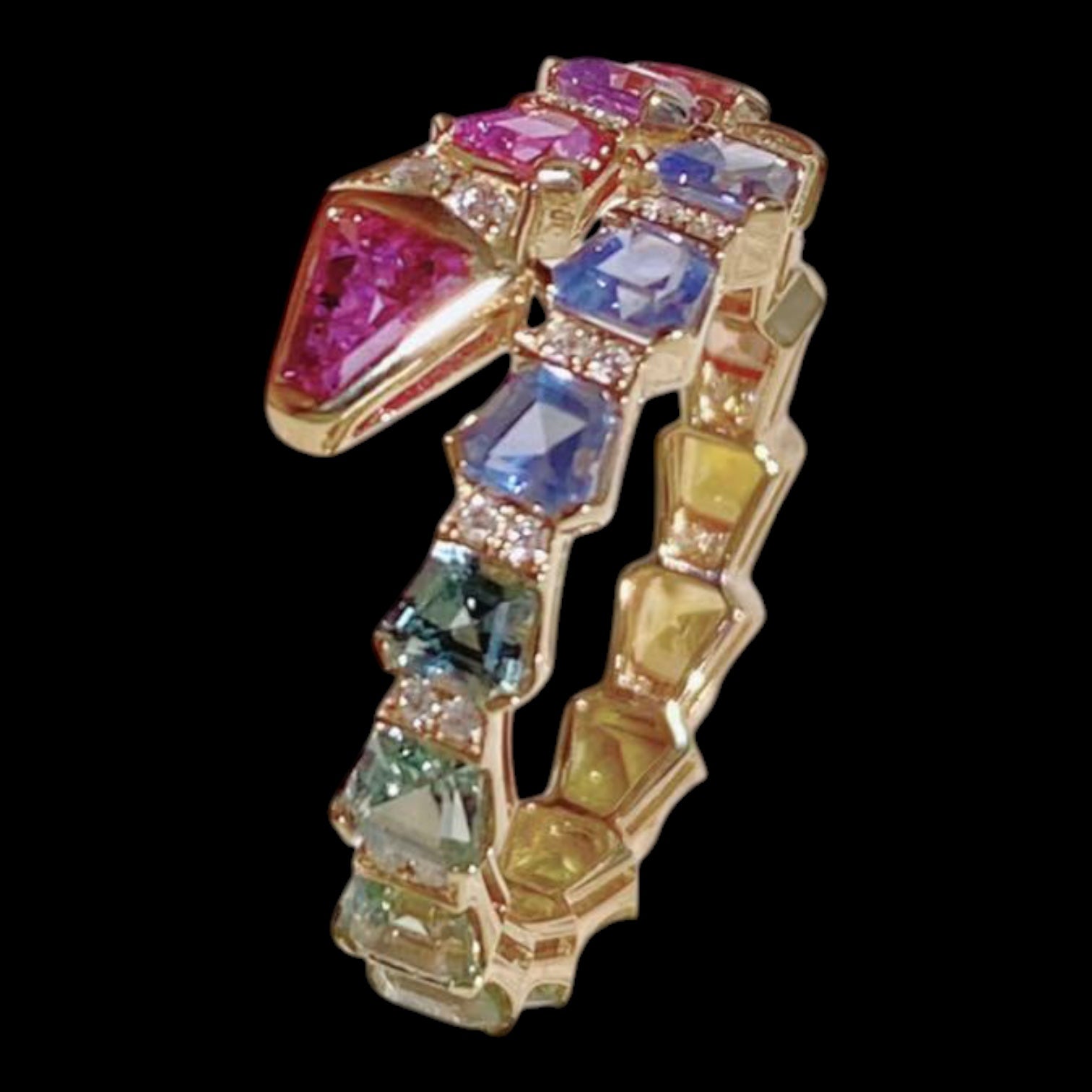 3.14ct Multi Coloured Sapphires with 0.20ct Diamonds set in 18K Gold Serpent Ring - Sizes from US 7.25 to US 9