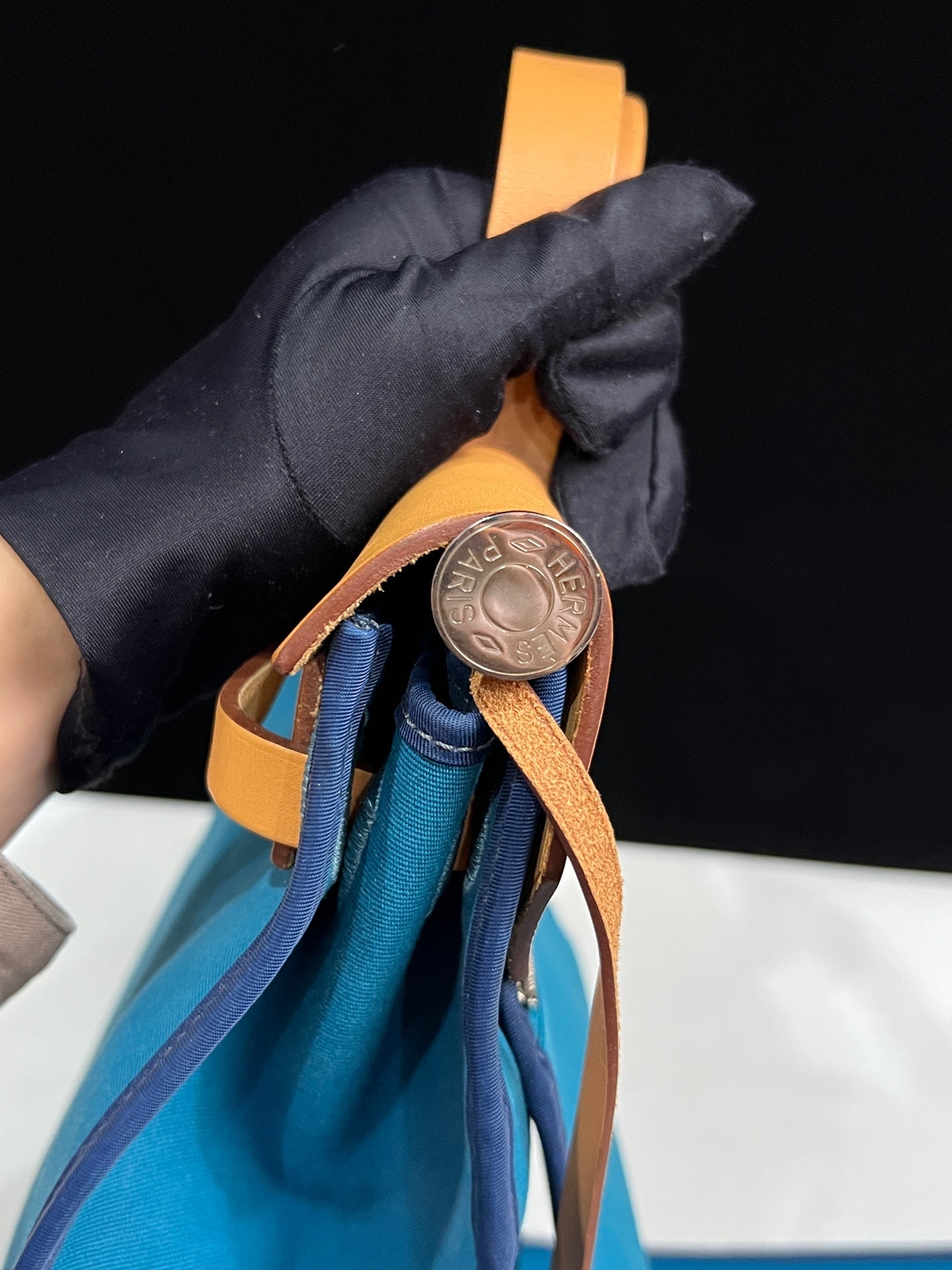 Hermès Herbag 31 Blue Canvas Gold Brown Leather Palladium Hardware Q Stamp