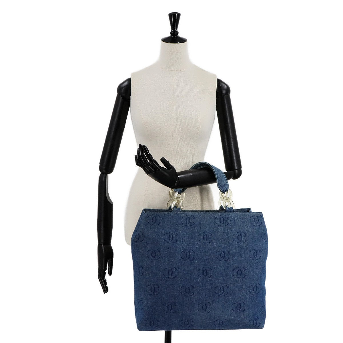 CHANEL Plastic Chain Tote Bag Denim Blue Coco Mark Purse Vintage 902974989