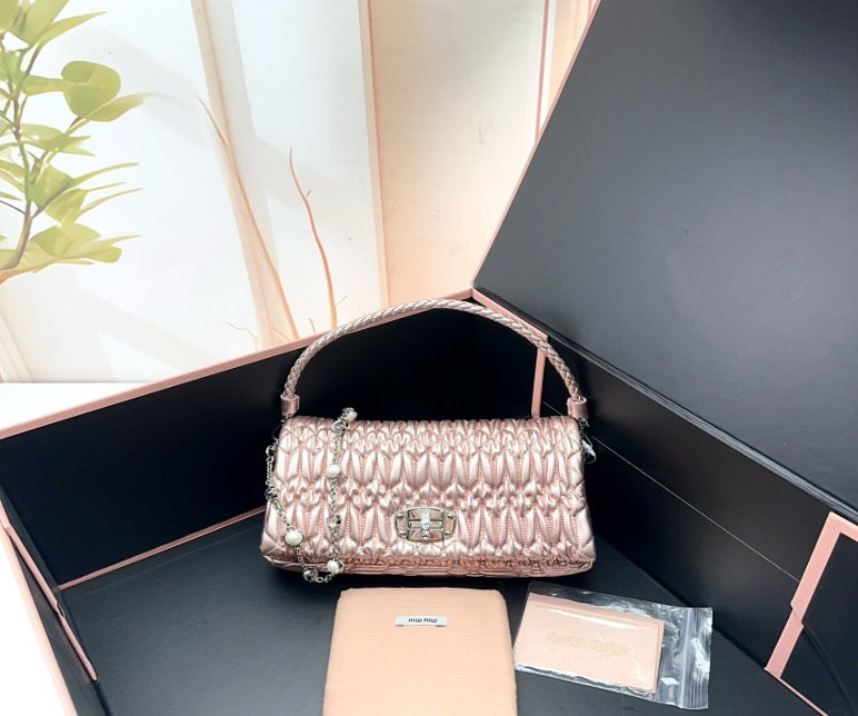 Miu Miu Pink Matelassé Leather Pearl Charm Flap Bag 22938995