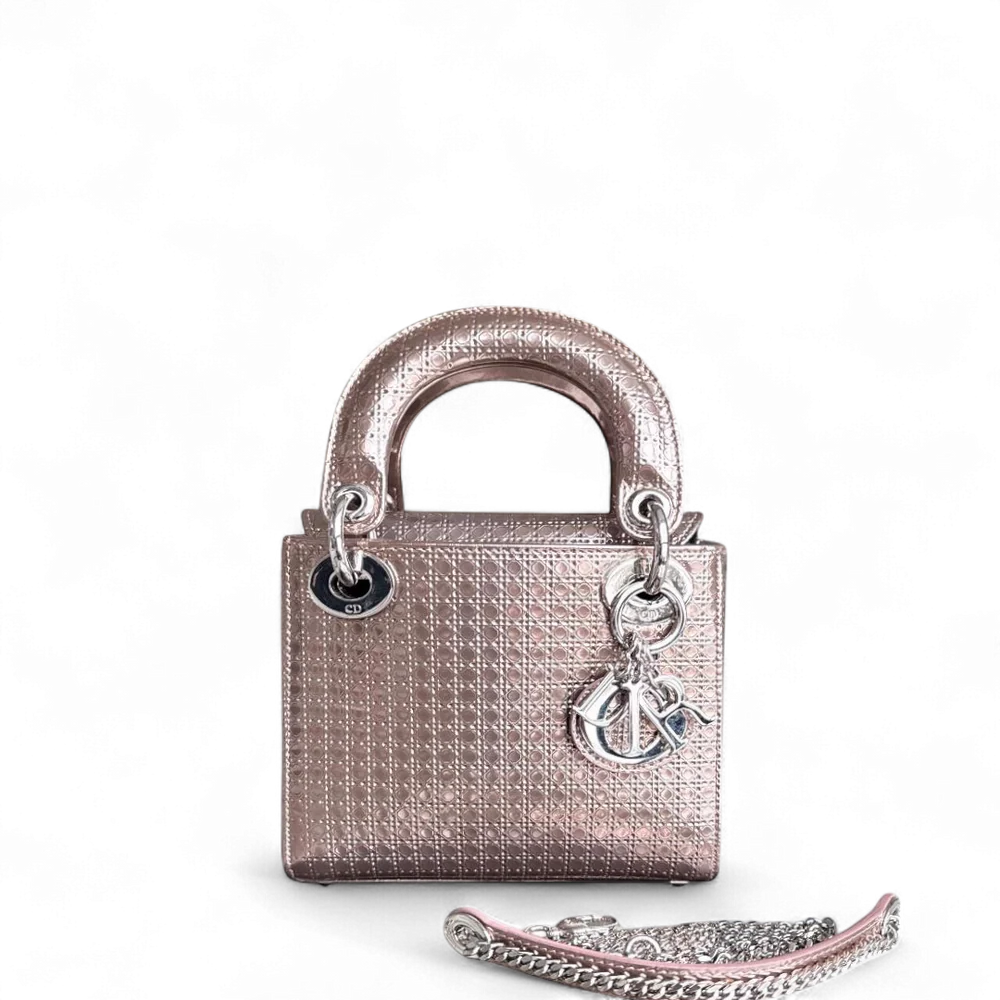DIOR LADY MINI - CALFSKIN MICRO-CANNAGE METALLIC ROSE GOLD SILVER HARDWARE CHAIN STRAP SYCM519