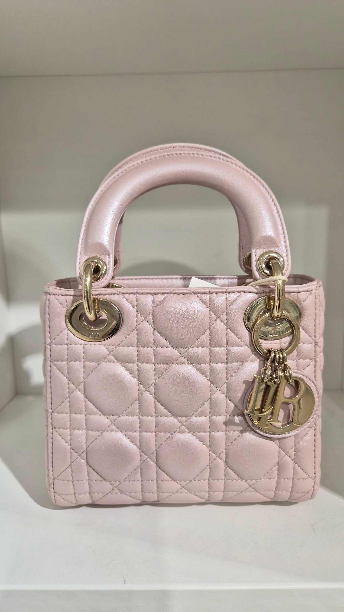 Dior Lady Mini Cannage Lambskin Iridescent Baby Pink Gold Hardware SYC2342