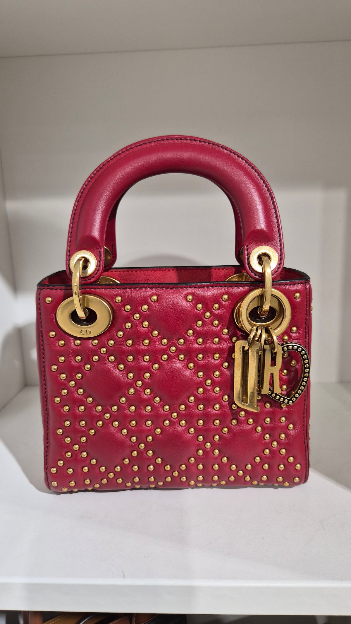 Dior Lady Mini Cannage Lambskin Valentines Deep Red Studded Gold Hardware SYC2345