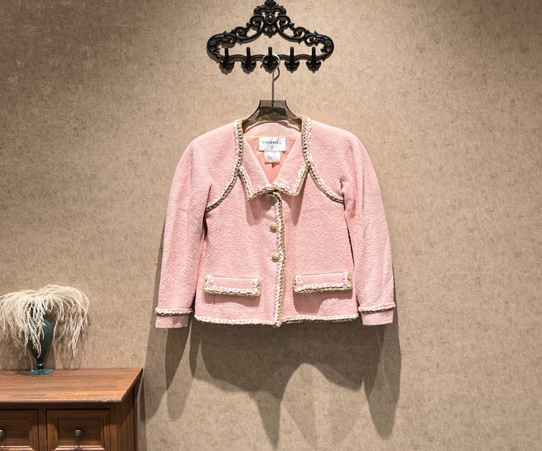 Chanel Seoul Collection Pink Satin Lace Collar Tweed Woven Jacket / Size 40 / 99% New / 43138 SYCF43138
