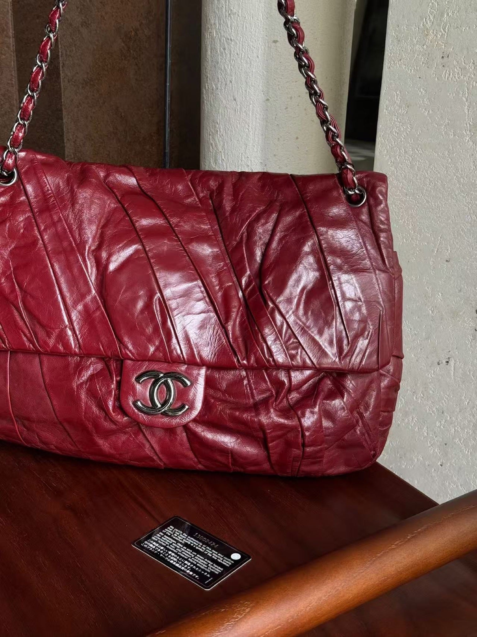 Chanel XXL Airport Flap Bag Burgundy Waxed Leather Silver Hardware image 11