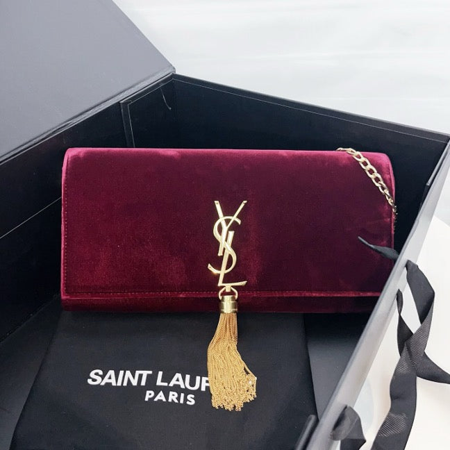 Saint Laurent Burgundy Velvet Kate Tassel Chain Wallet C19489493541