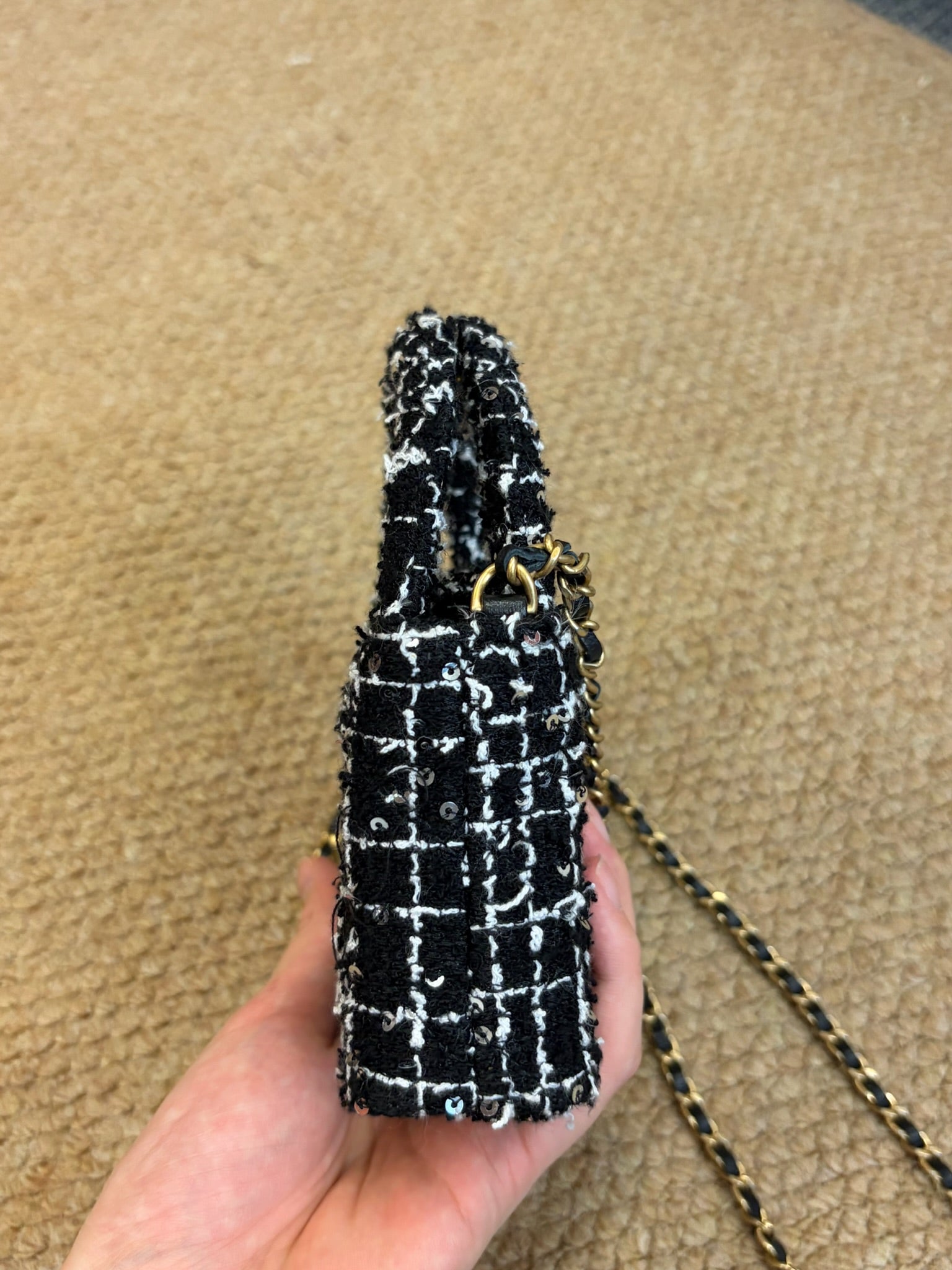 Chanel Tweed Quilted Nano Kelly Shopper Black White