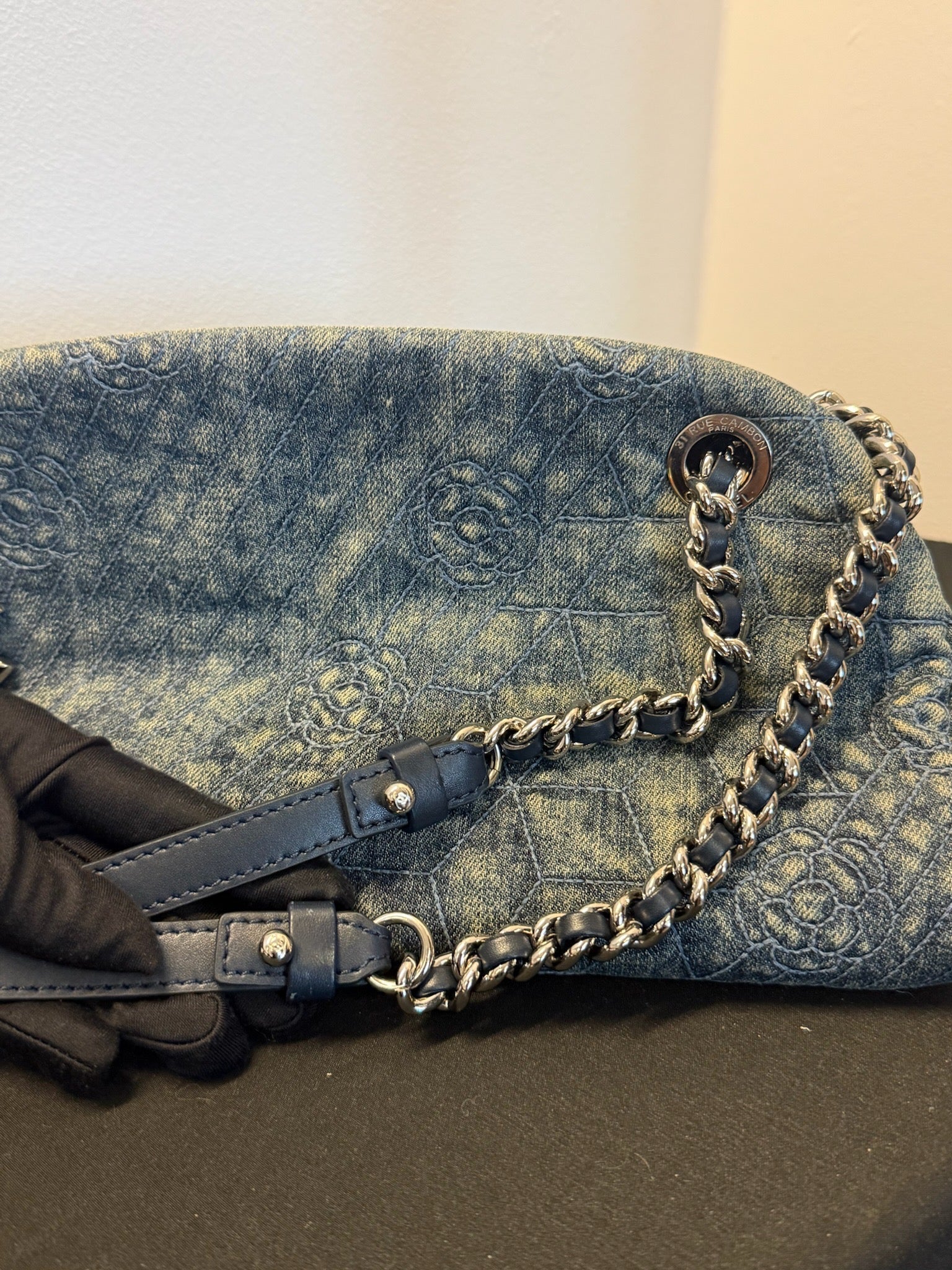 Chanel Denim Camellia Chain Shoulder Bag - Blue image 12