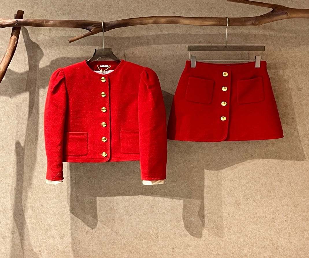 Miu Miu Red Tweed Jacket and Skirt Set with Gold Buttons / Sizes 38 & 40 / Brand New with Tags / 42512 SYCF42512