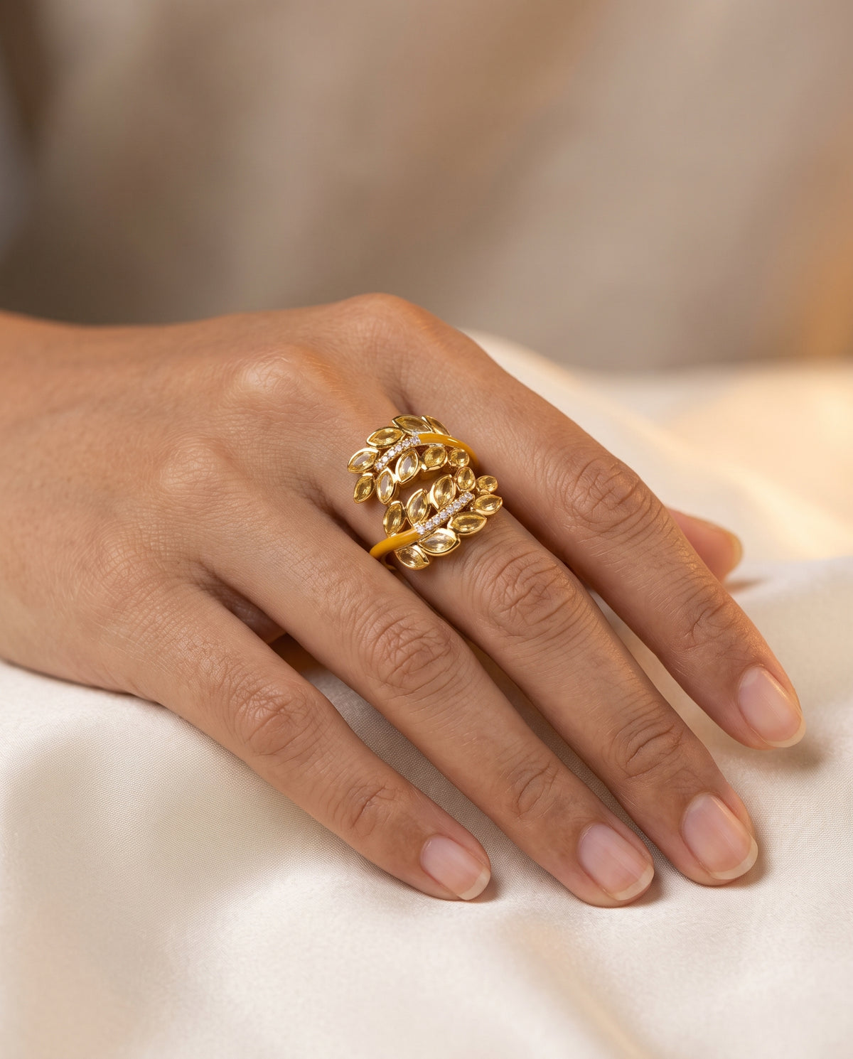 Daphne - 2 crts Citrine and 0.1crts Diamond Leaf Ring HOA015