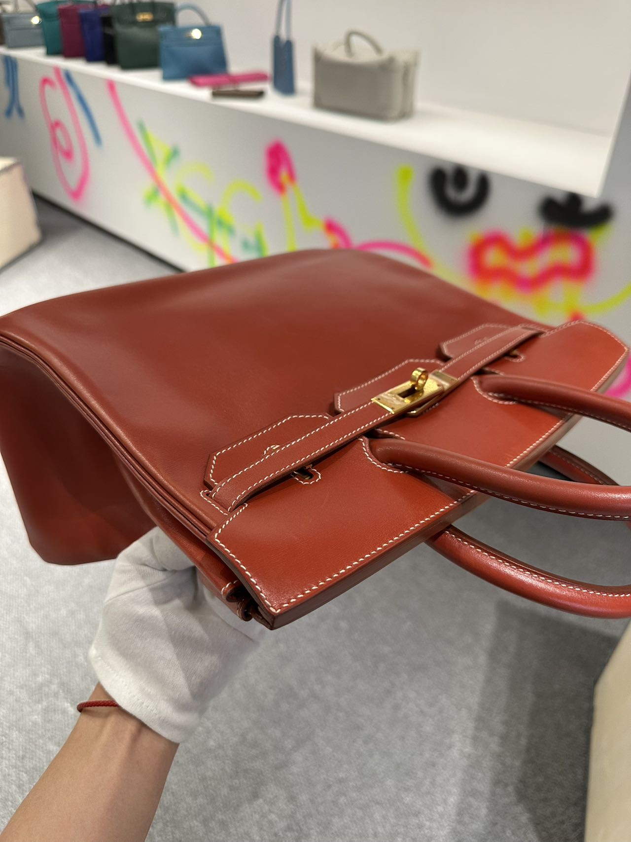 Hermès HAC 32 Brick Red Box Leather Stamp B Pristine Condition