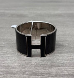 HERMES Black Silver Enamel Bracelet 3022605233986