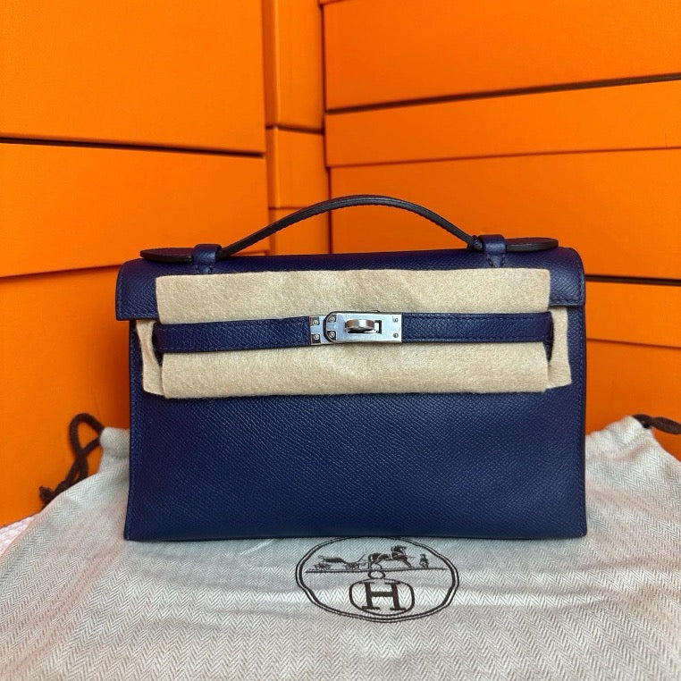 Hermes Mini Kelly 1st Generation, Blue Sapphire, Silver Buckle, Epsom R Engraving SYC2166