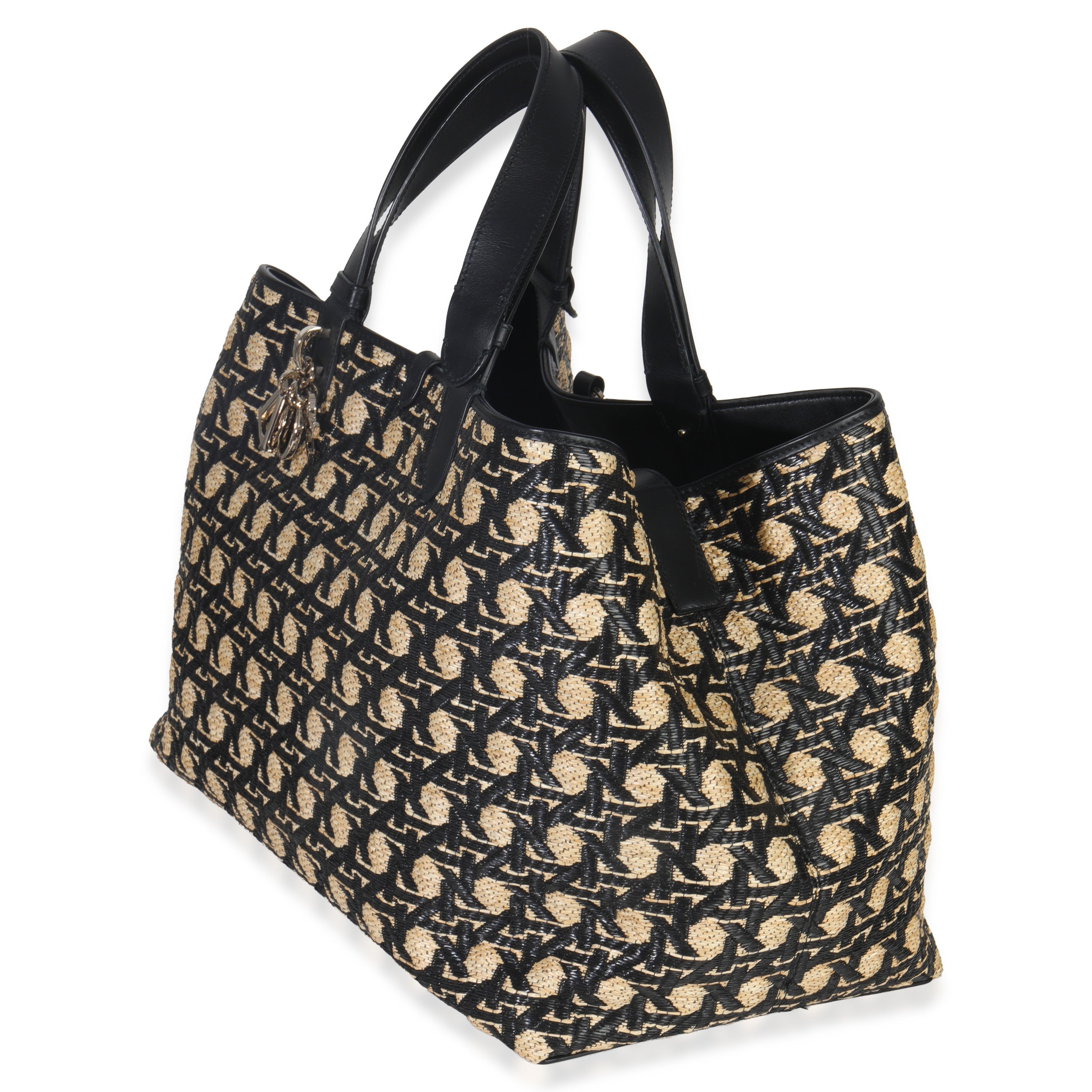 Christian Dior Beige Black Graphic Cannage Raffia Large Toujours Handbag sv