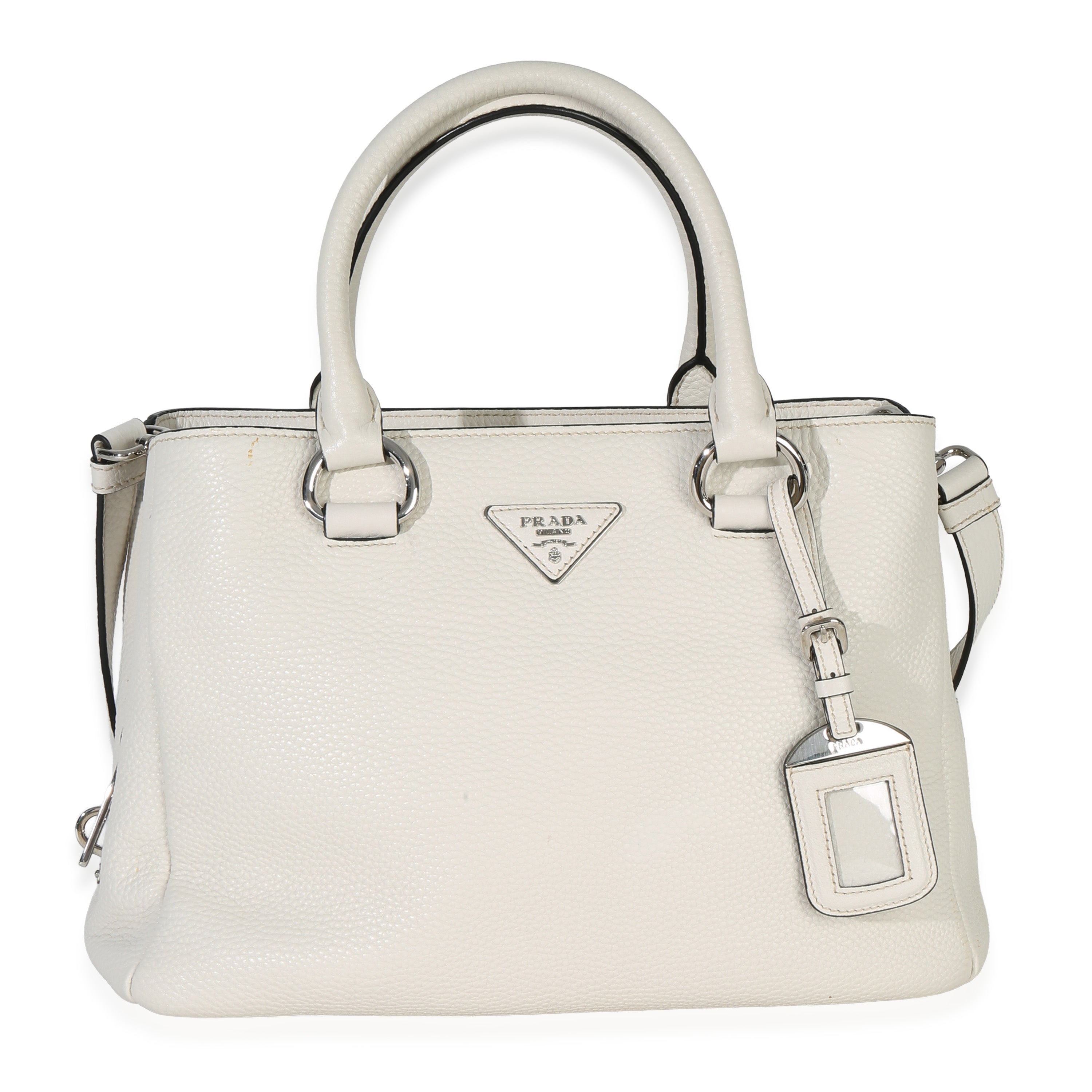 Prada White Vitello Daino Double Zip Shopping Tote Handbag fv