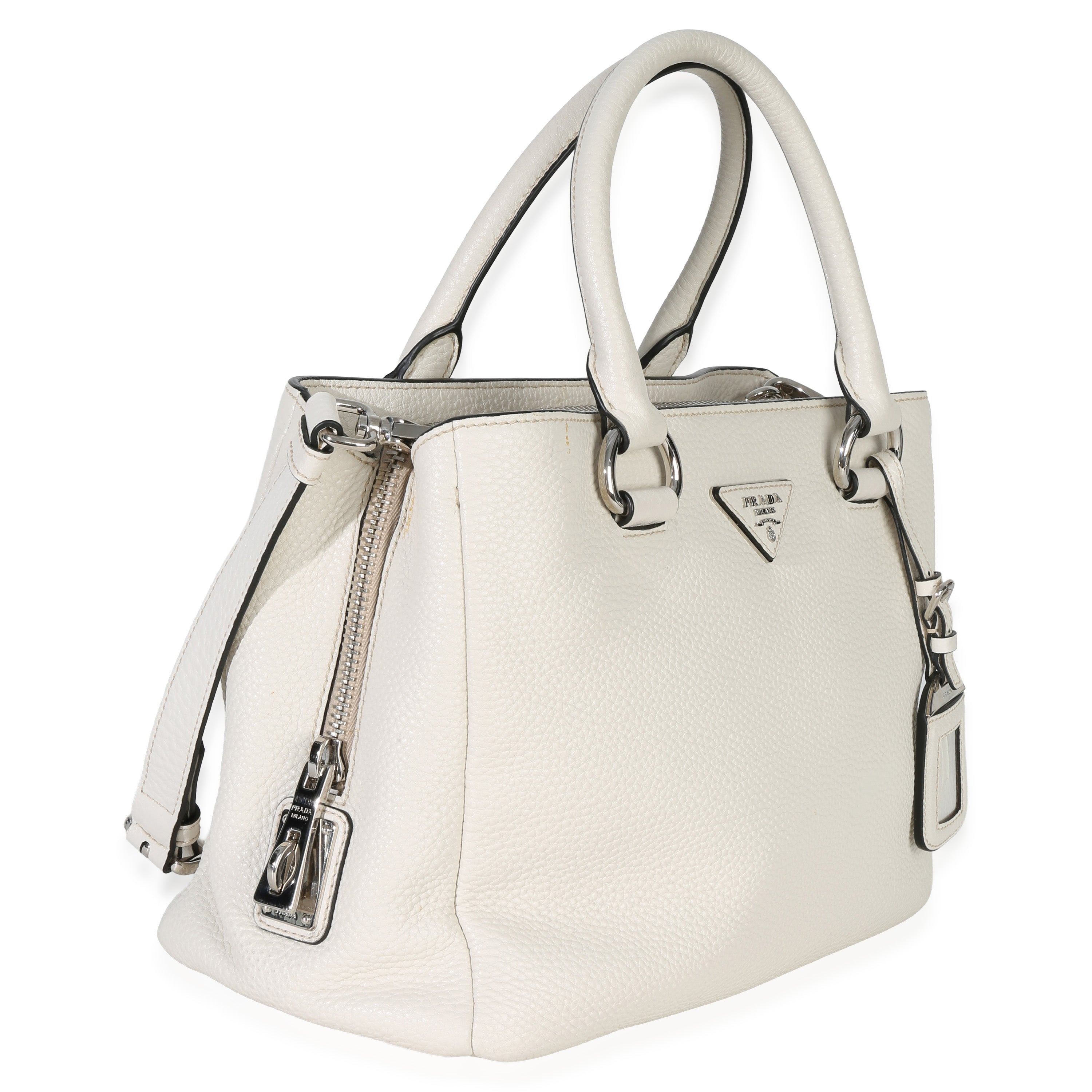 Prada White Vitello Daino Double Zip Shopping Tote Handbag pv