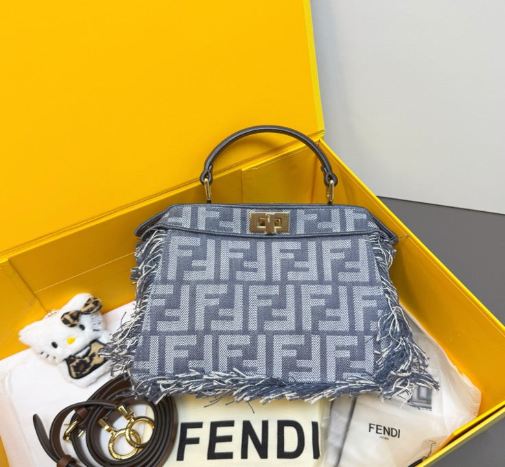 FENDI Denim Jacquard Peekaboo Iseeu Tassel Bag 22 23923582