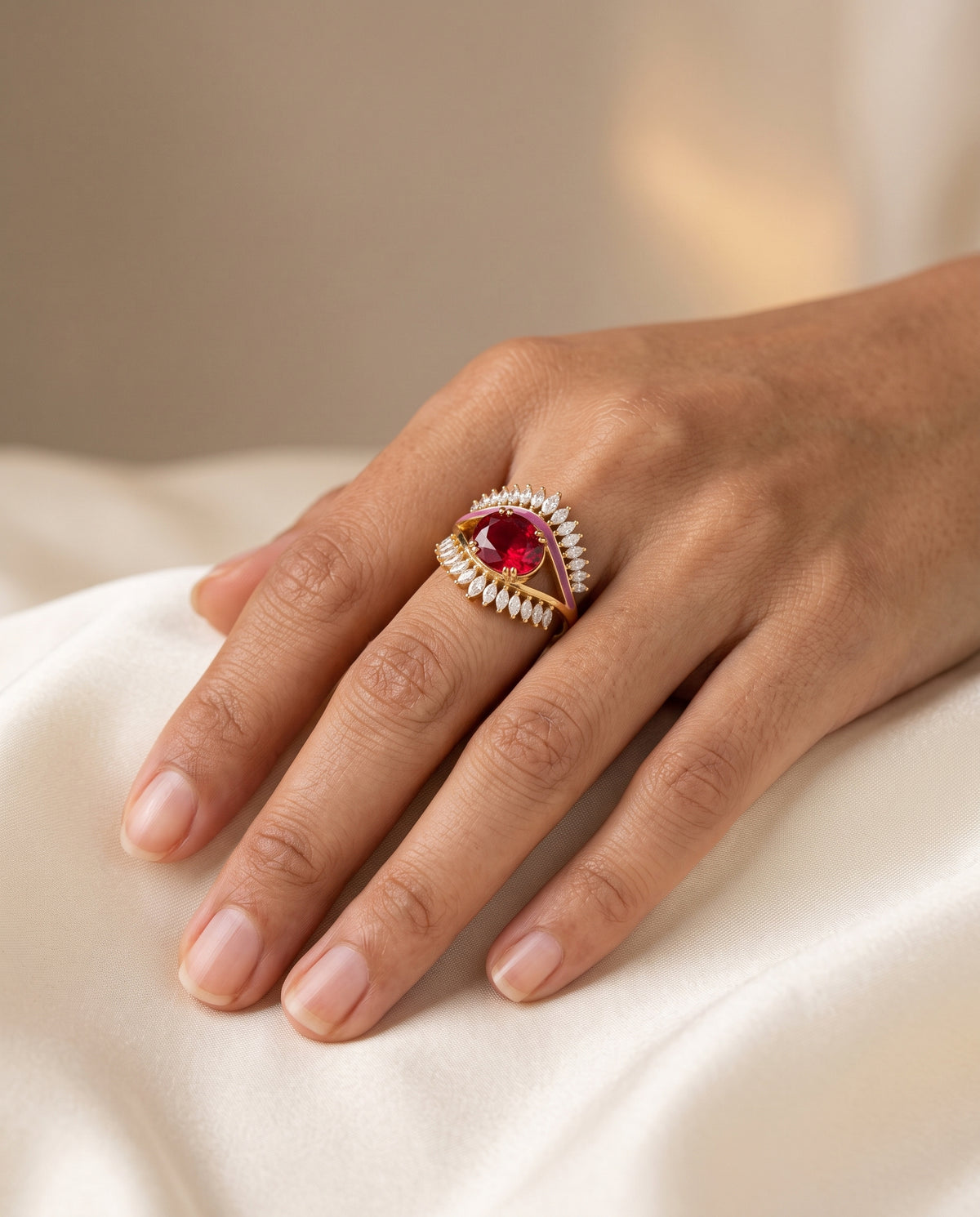 Mati - 3crts Red Garnet and 0.8crts Diamond Oval Eye Ring HOA014
