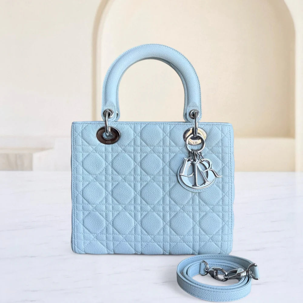 DIOR LADY MEDIUM CAVIAR - GRAINED CALFSKIN CANNAGE GLACIER WHITE ICE BLUE SILVER HARDWARE SYCM476