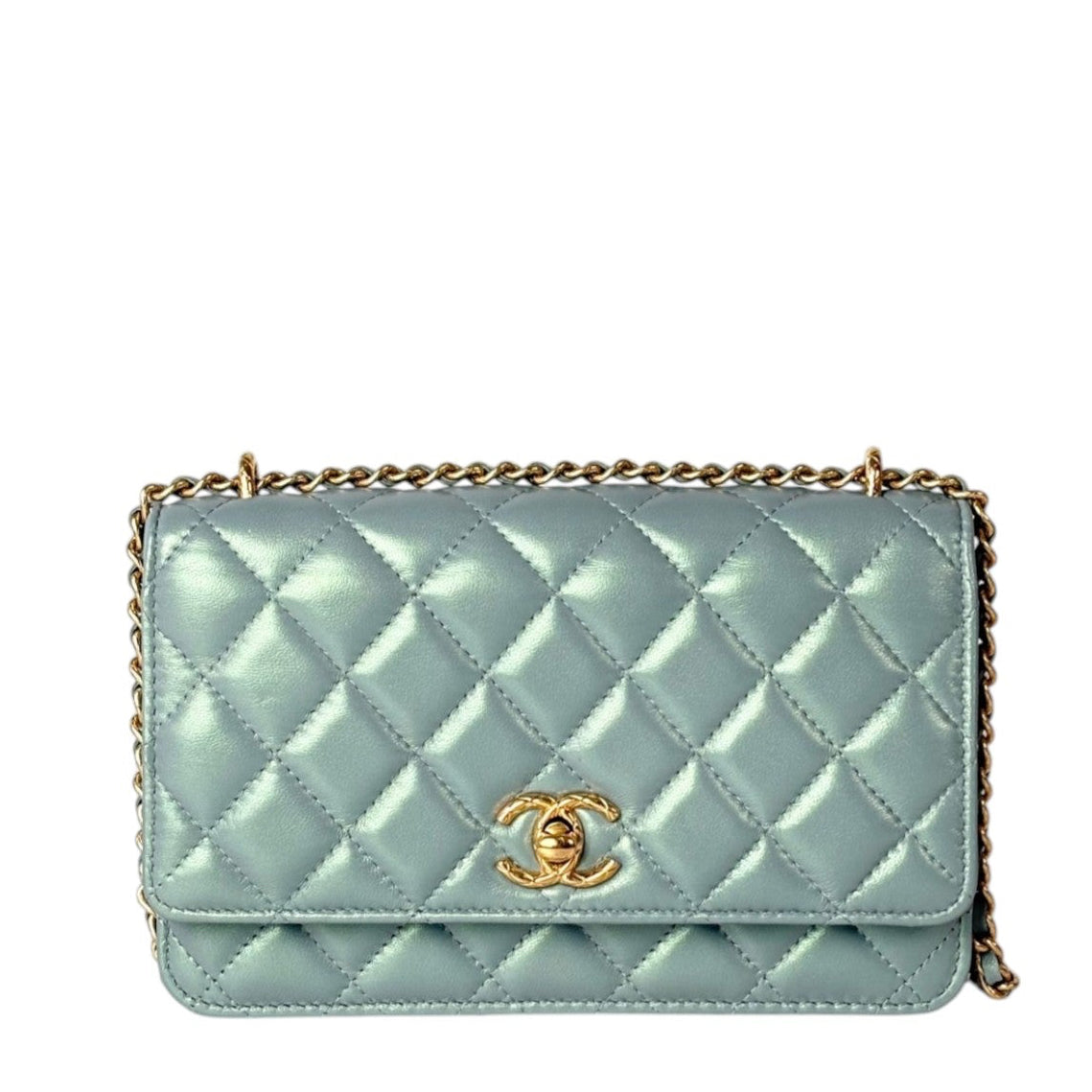 Chanel Pearl Light Green Quilted Leather Wallet on Chain