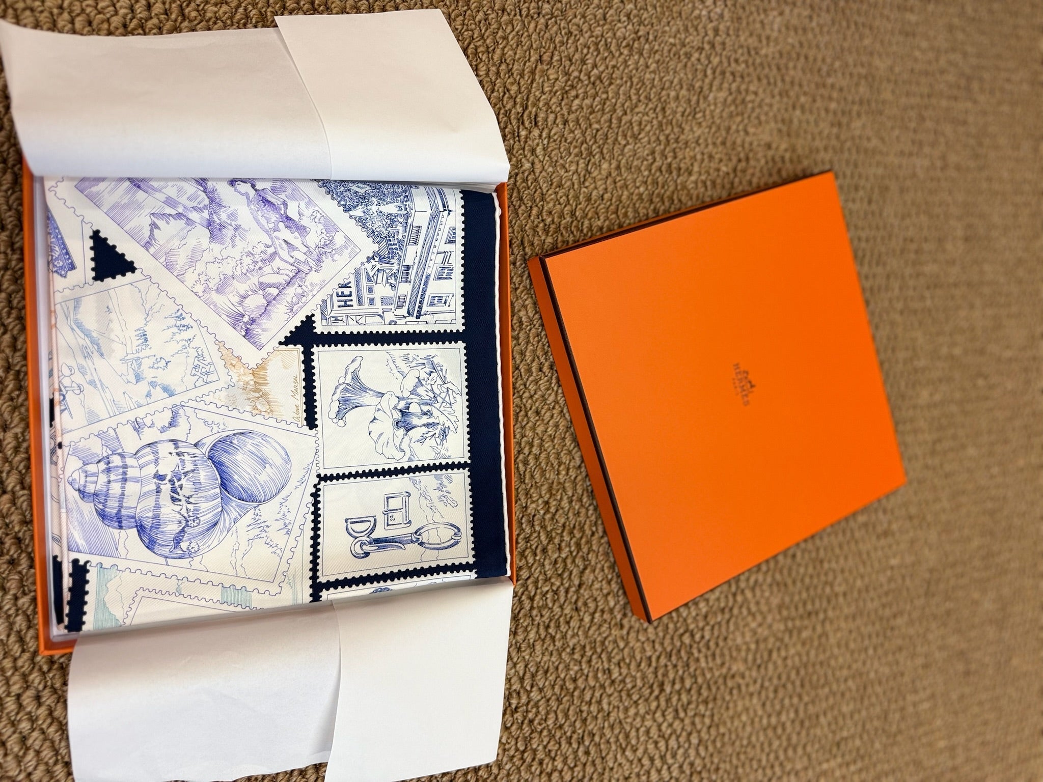 Hermès “Fubao Philatelic” 90cm Silk Scarf – Navy Blue / White – 100% Silk – Hand-rolled Edge