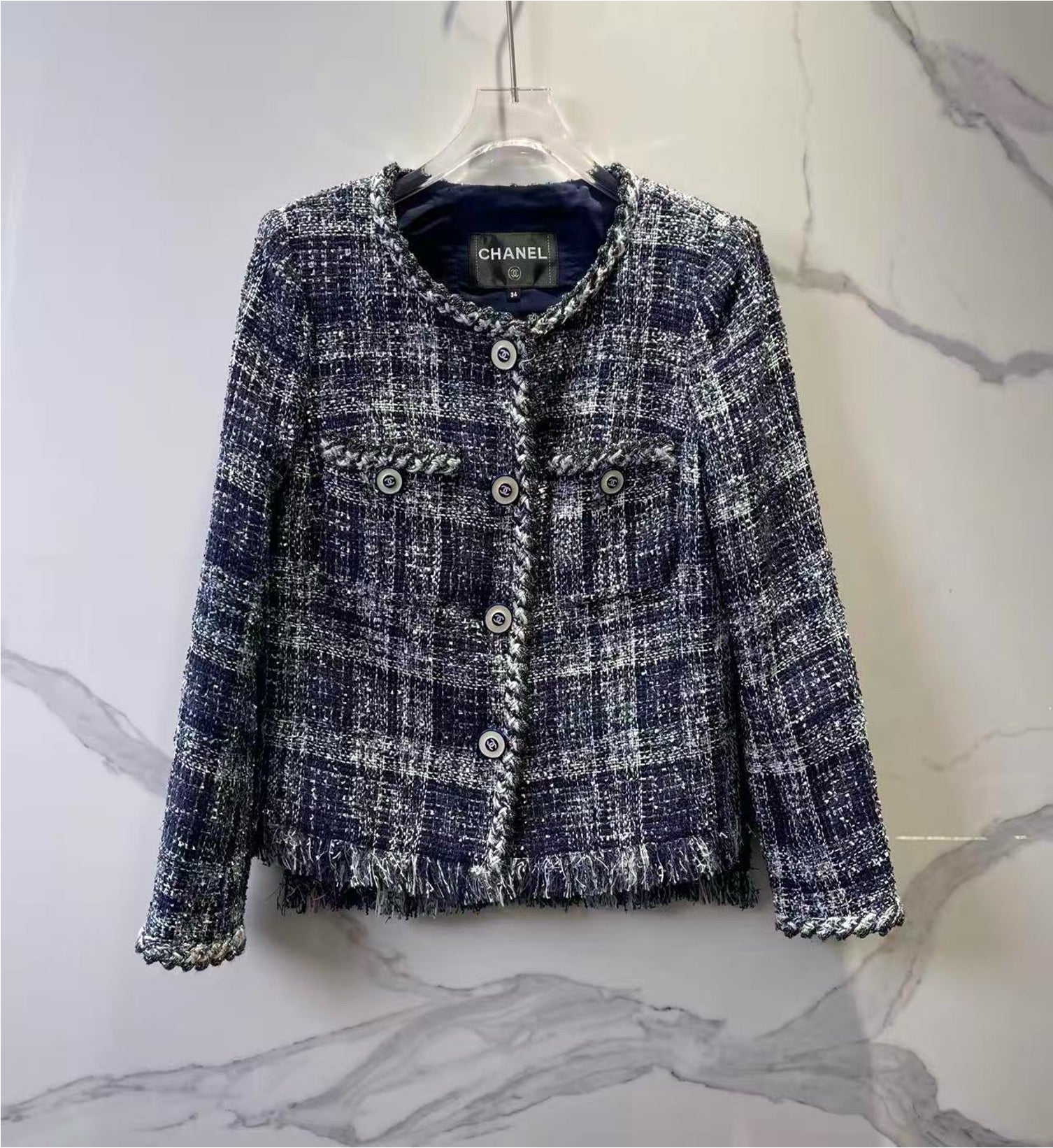 Chanel Waterfall Collection Blue and White Tweed Woven Fringe Casual Jacket, Size 34 LZ260803BG0058