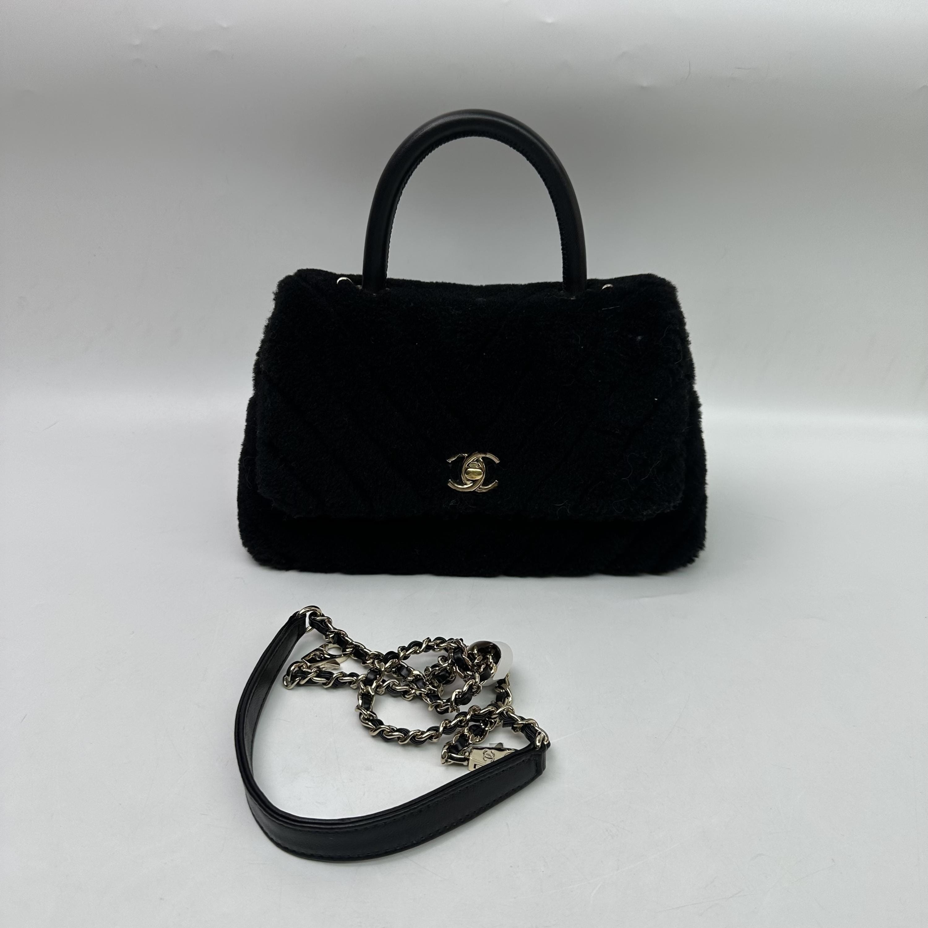 Chanel Black Shearling Top Handle Handbag C351307