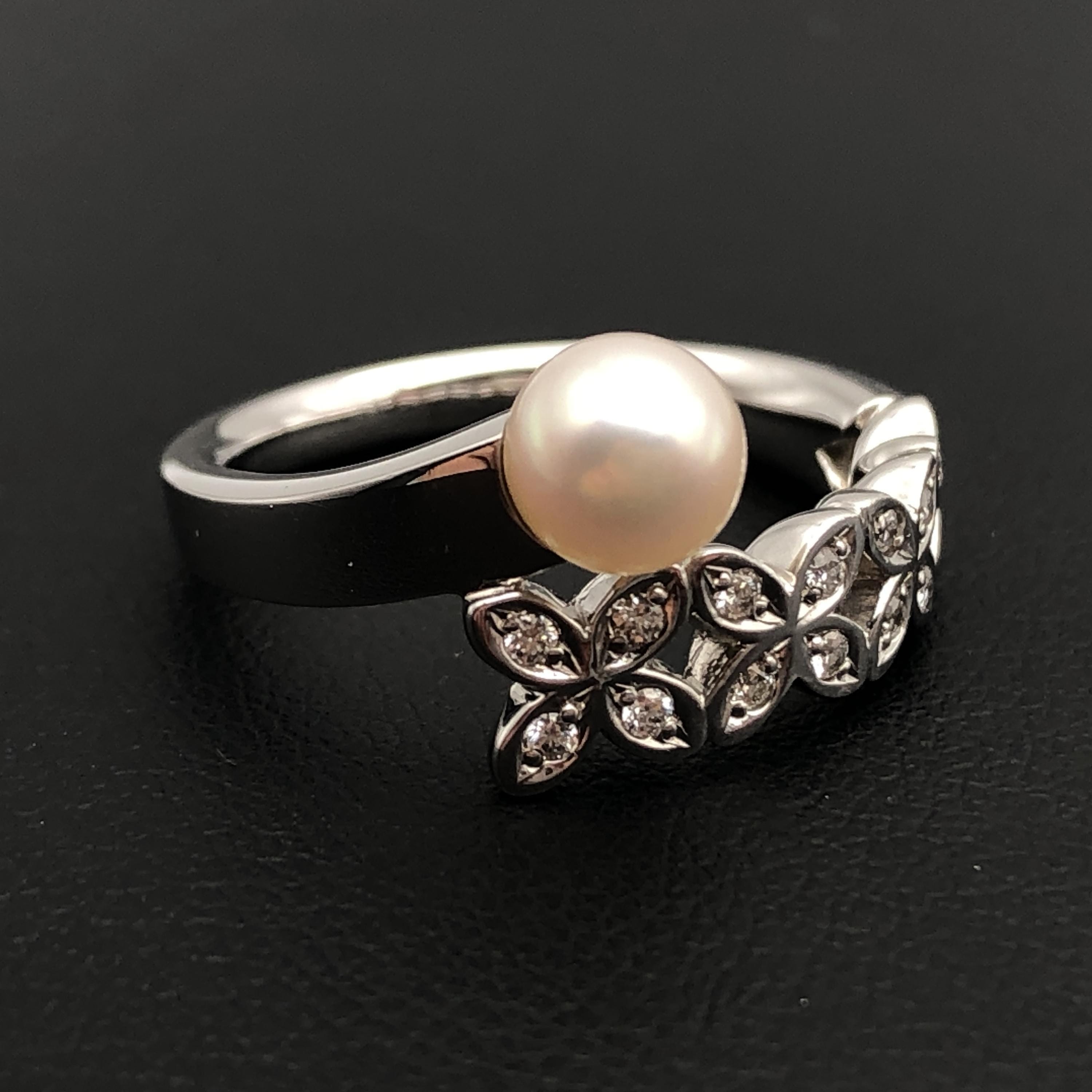 Mikimoto 1P Pearl & Flower Motif Diamond Ring, P(5.00mm), PT950, 7.1g, US Size 5.5 C297040