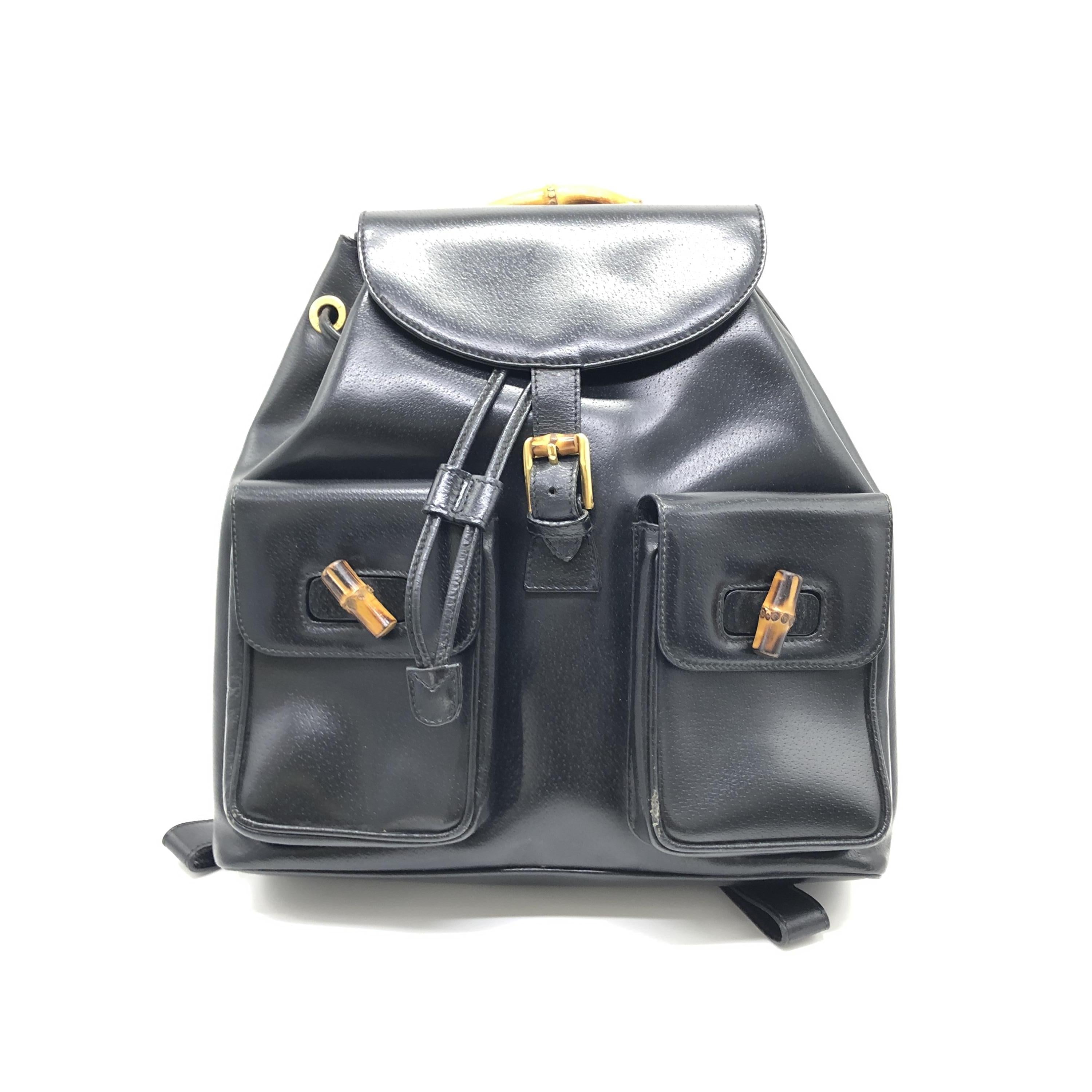 Bamboo Drawstring Leather Backpack Black C331409