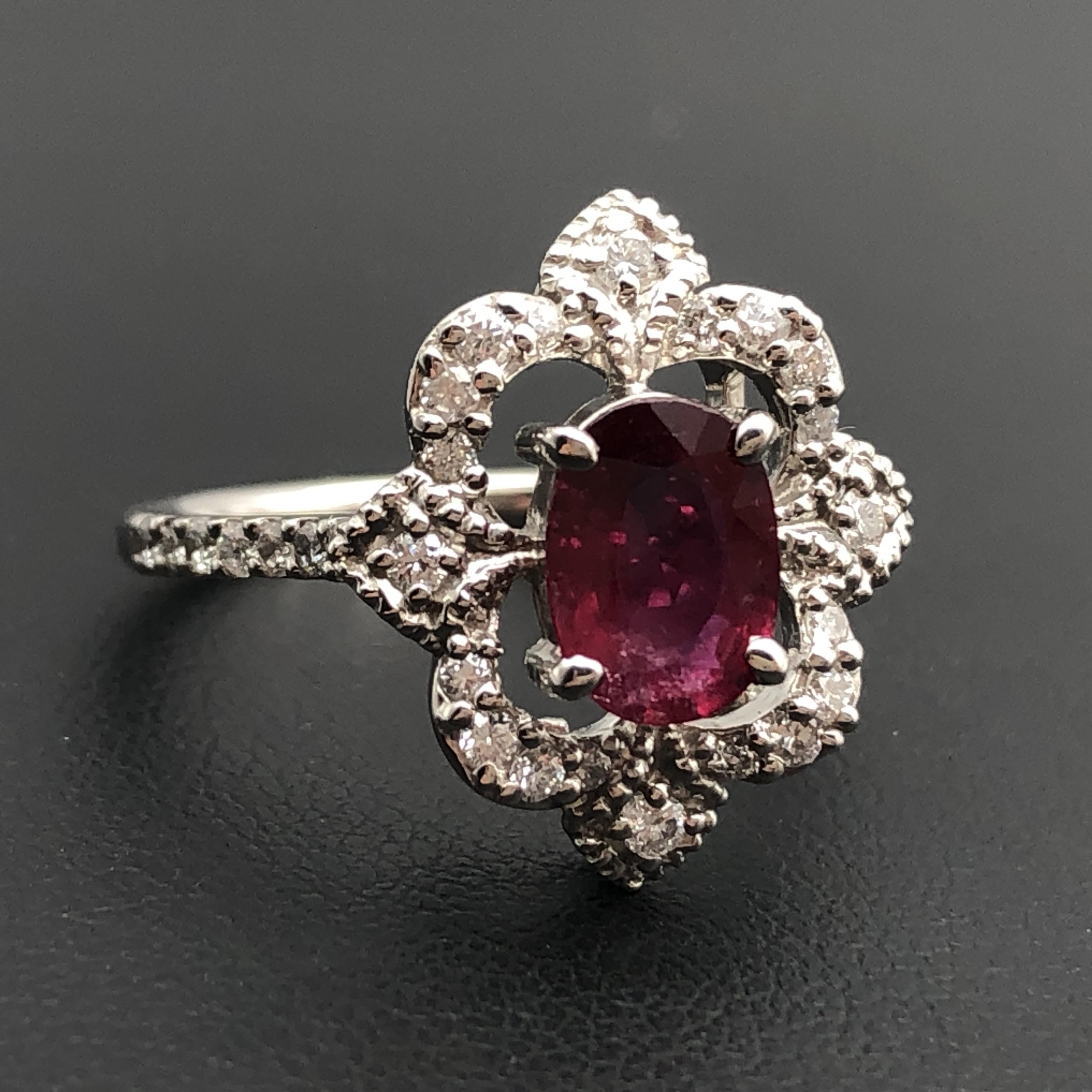 Custom Jewelry 1P Ruby & Diamond Ring, R(1.032ct), D(0.30ct), PT900, 5.0g, US Size 6.5, Sorting Included C297045