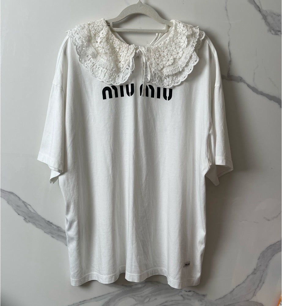 Miu Miu white lace Peter Pan collar short-sleeved T-shirt, size XS LZ260801BG9911