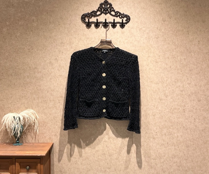 Chanel Equestrian Collection Black Cardigan with Gold Buttons and Openwork / Size 34 / Brand New / 42182 SYCF42182