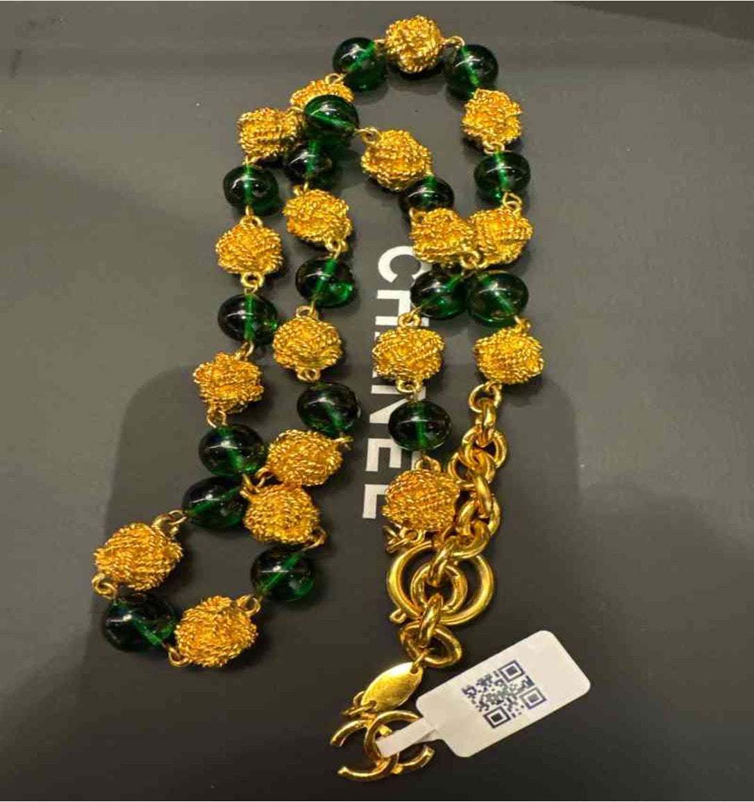 CHANEL Green Glass Gold Ball Necklace LE506064