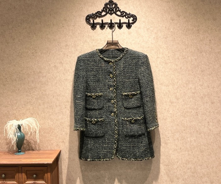 Chanel Edinburgh Dark Green Glass Button Coat / Size 36 / 99% New 43789 SYCF43789