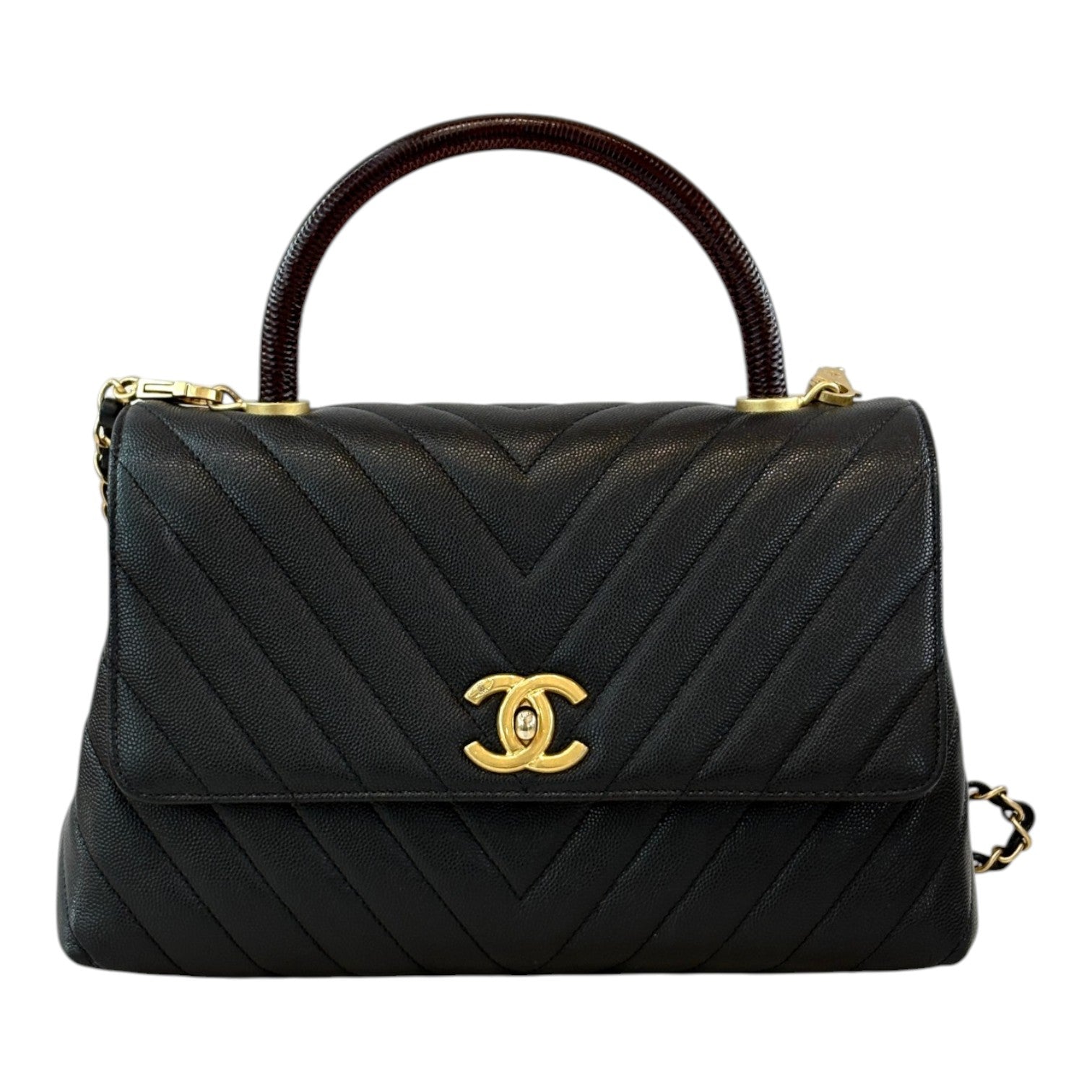 Chanel Medium Black Coco Handle with Lizard Handle and Chevron Stitching
