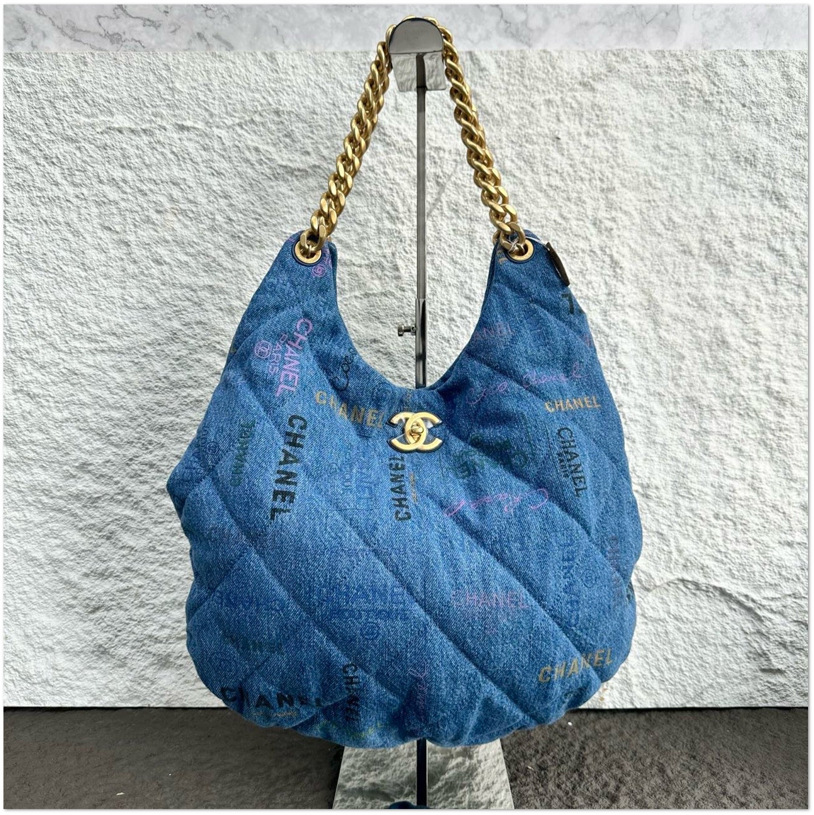 Chanel Blue Monogram Denim Quilted Hobo Shoulder Bag C19497932616