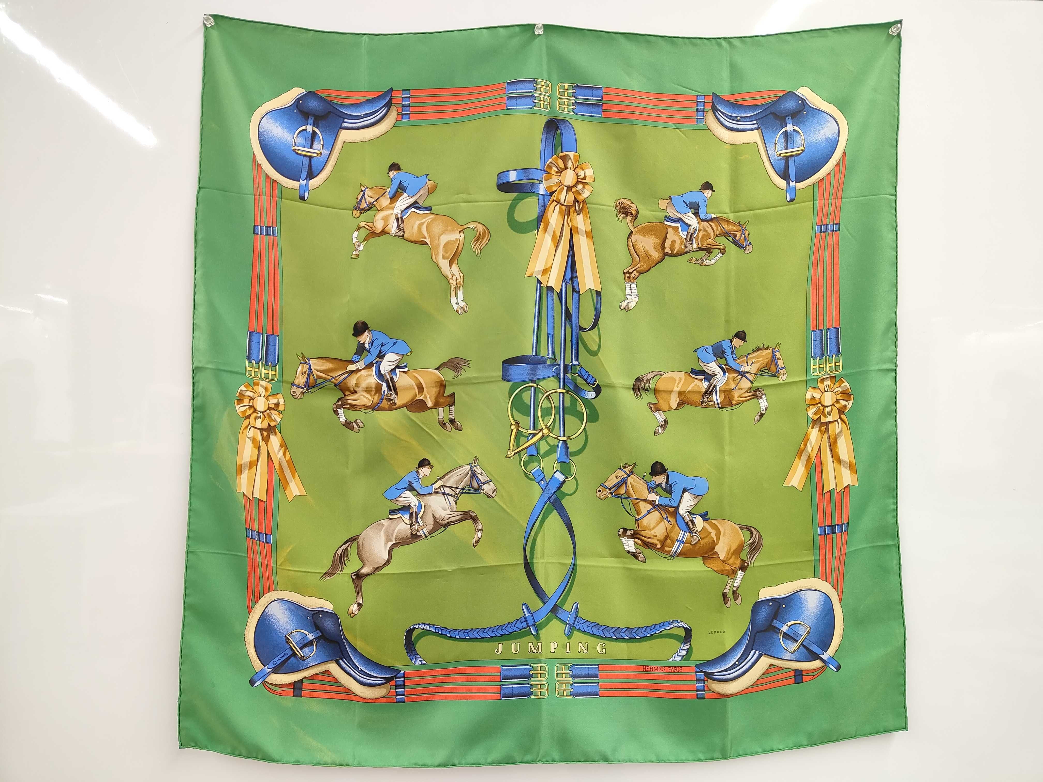 HERMES 100% Silk Carre 90 Jumping Green Brown fevj5d1xjm AKC0871