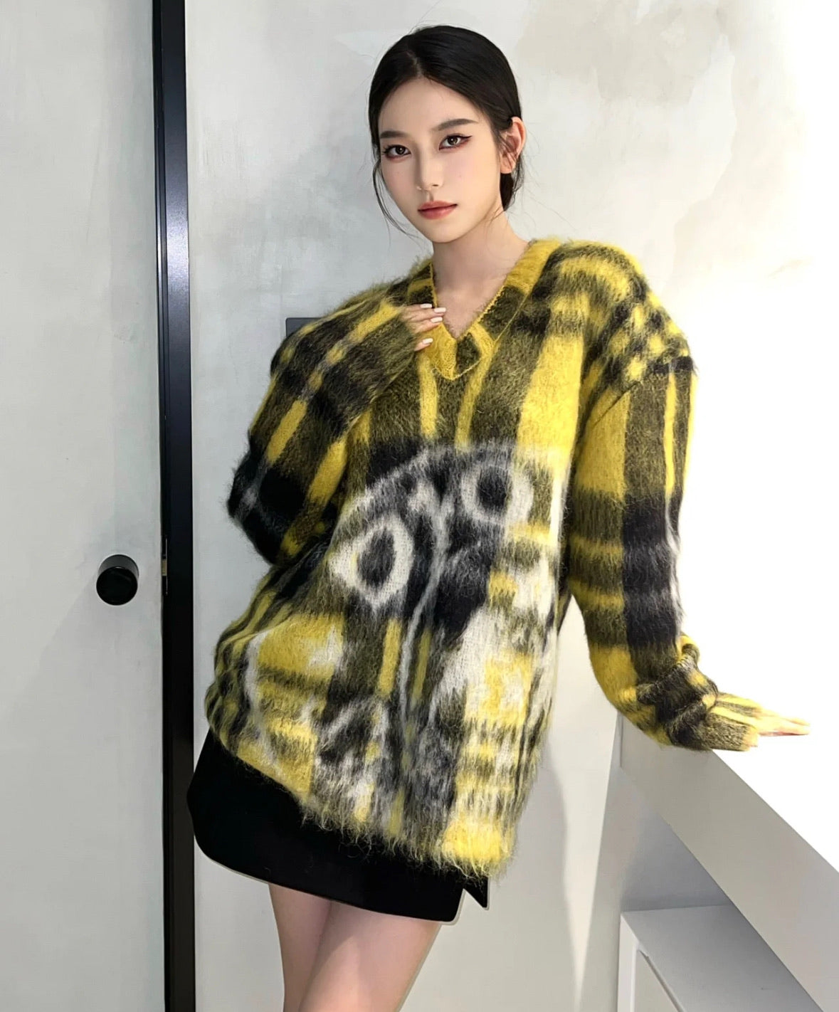 Christian Dior Yellow Plaid Mohair Cardigan Sweater
