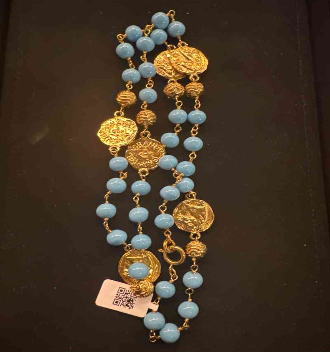 CHANEL Blue Glass Gold Coin Necklace LE510084