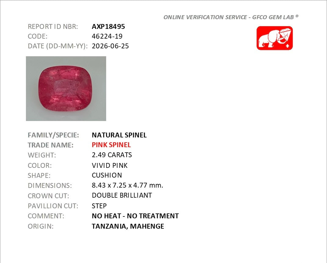2.49ct Vivid Pink Spinel Mahenge DXBCS5736