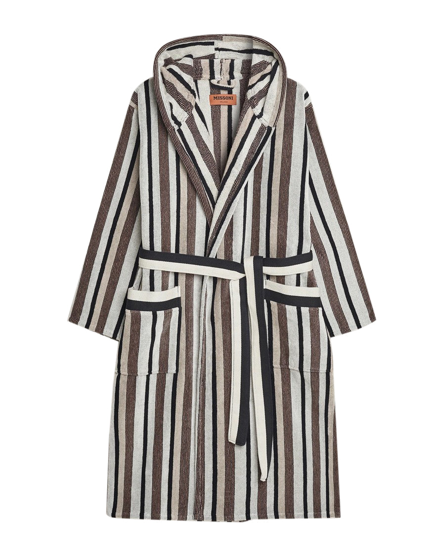 Missoni Home Black & Grey Craig Hooded Bathrobe Stripped Cotton Terry Size M ANL0178