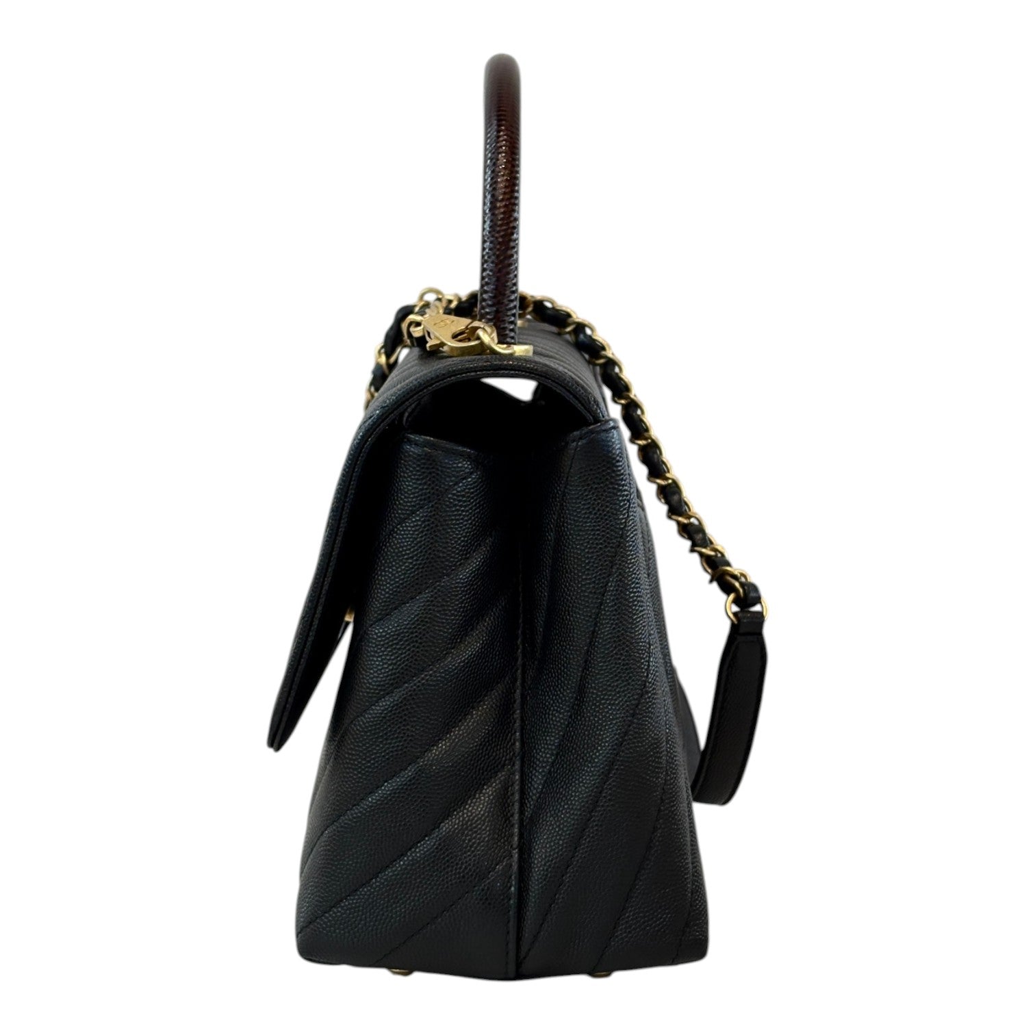Chanel Medium Black Coco Handle with Lizard Handle and Chevron Stitching