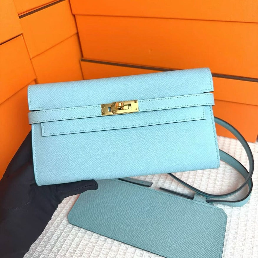 *Hermes Kelly Long Wallet Blue Atoll Epsom GHW #T SYC2178