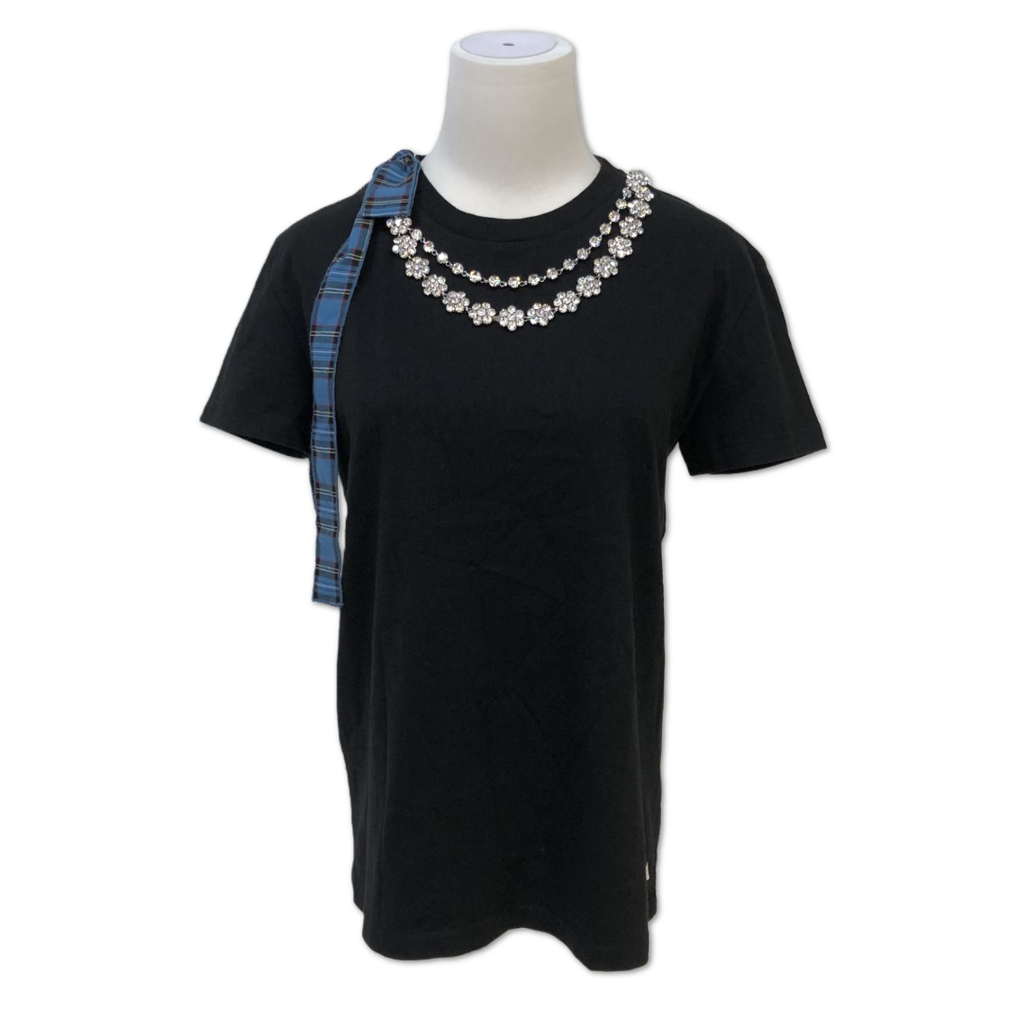 Miu Miu Black Crystal-Necklace Plaid-Trim T-Shirt size S C19204309626