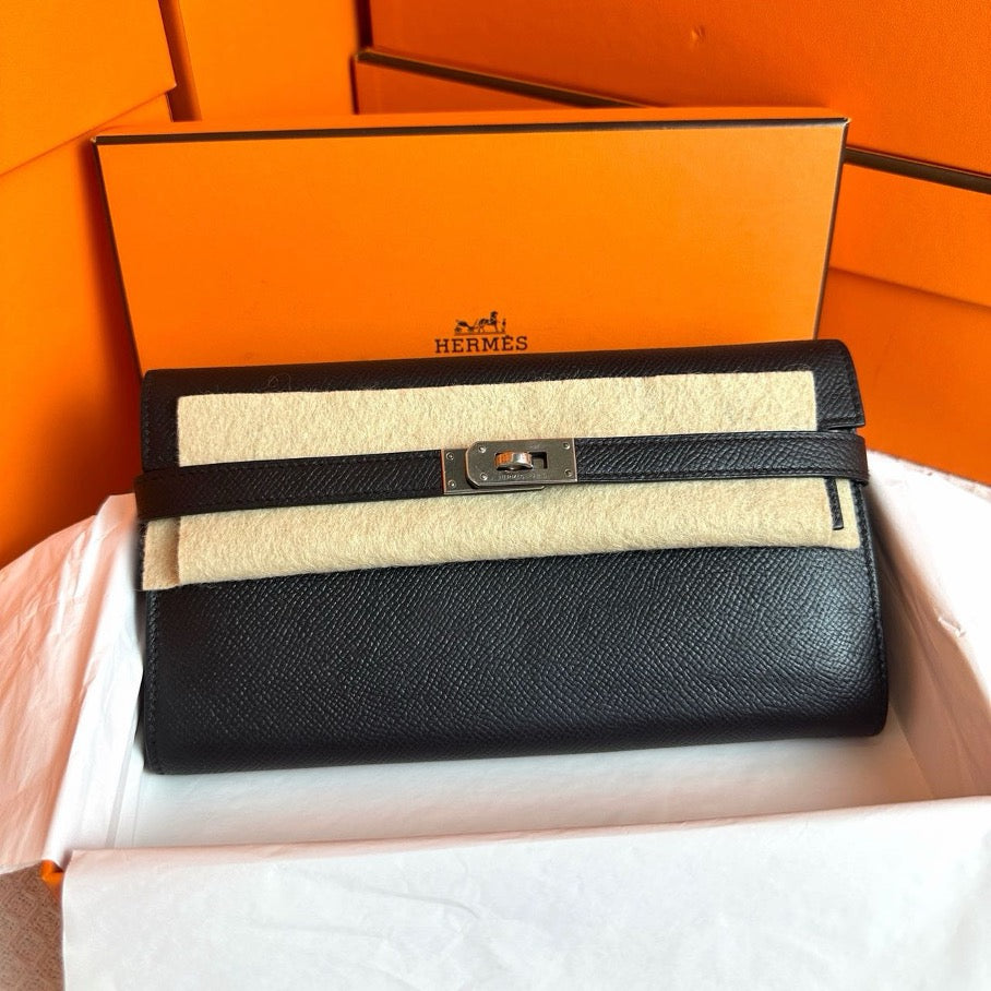 *Hermes Kelly Long Wallet Black Epsom PHW #O SYC2179